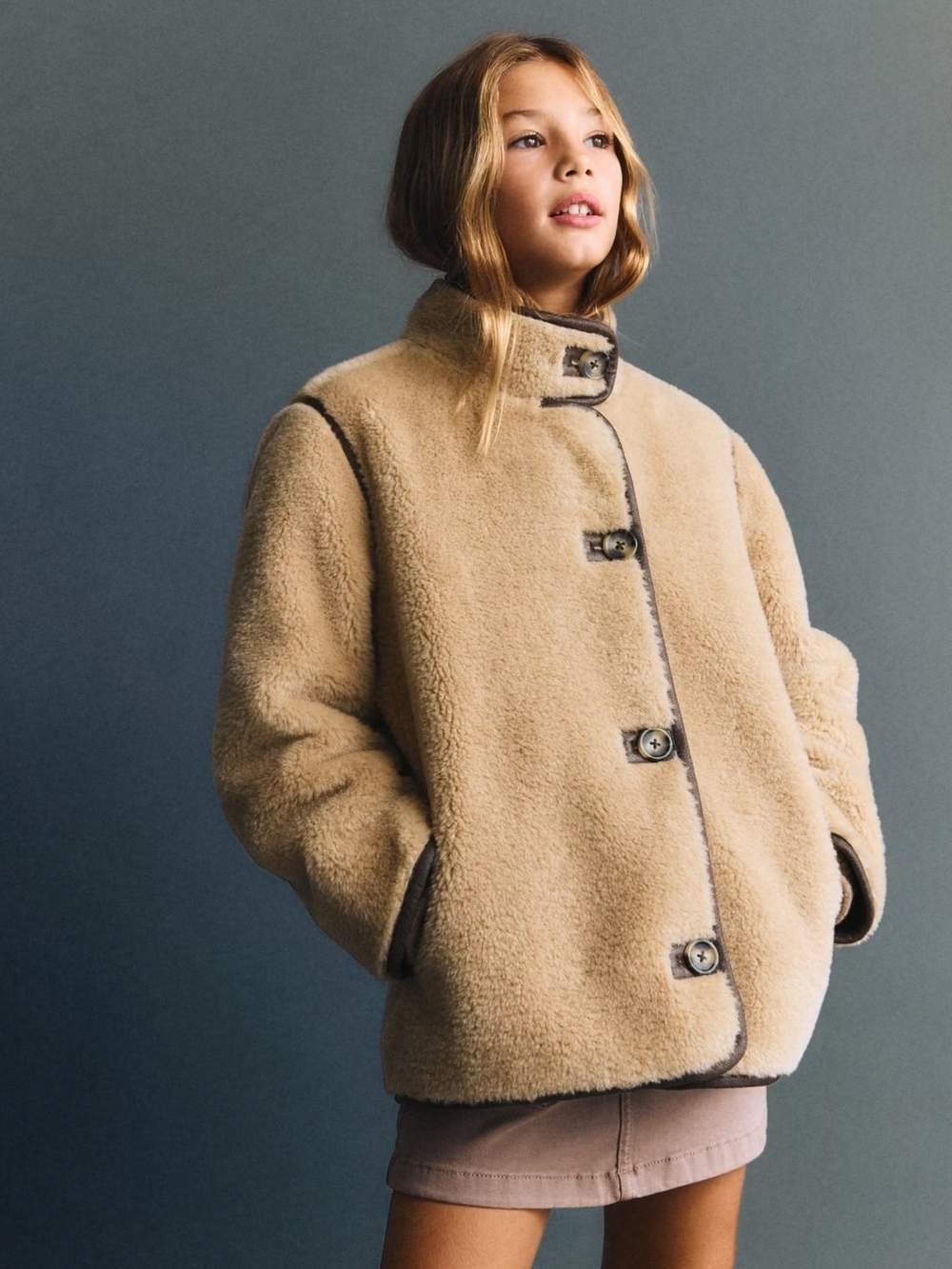 Mango Kids Beige Teddy Puffer Coat with Dark Trim